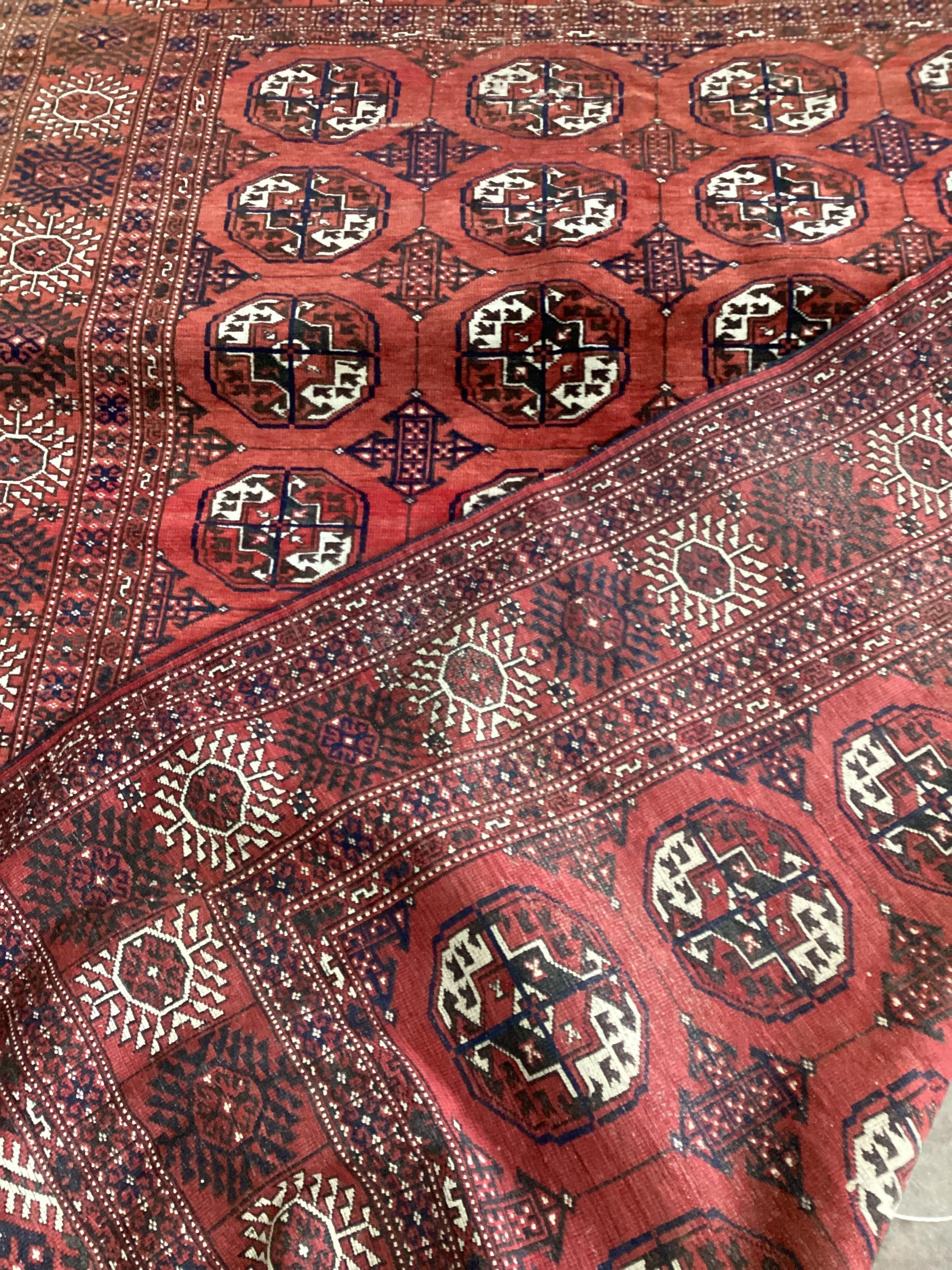 A Bokhara red ground carpet, woven with rows of elephants foot, 308 x 203cm (Worn at one end)